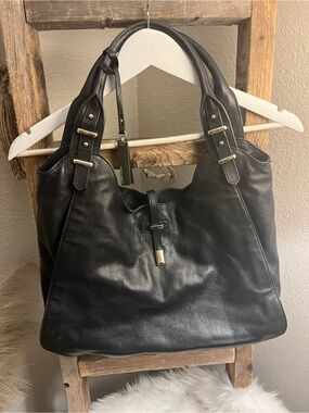 Vince Camuto Black Leather Shoulder Bag with Gold Accents
